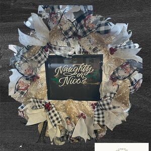 Festive Naughty or Nice Holiday Wreath - Black, White, Gold
